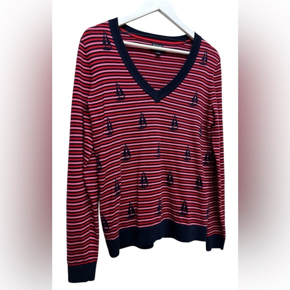 Tommy Hilfiger Women’s Nautical Striped V-Neck Sweater - Red Navy Pink Sz M NWOT - Picture 2 of 7